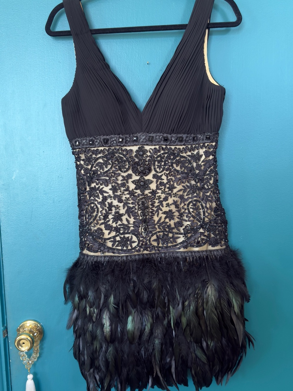 Sue Wong Black Embroidered Feather Hem Mini Dress